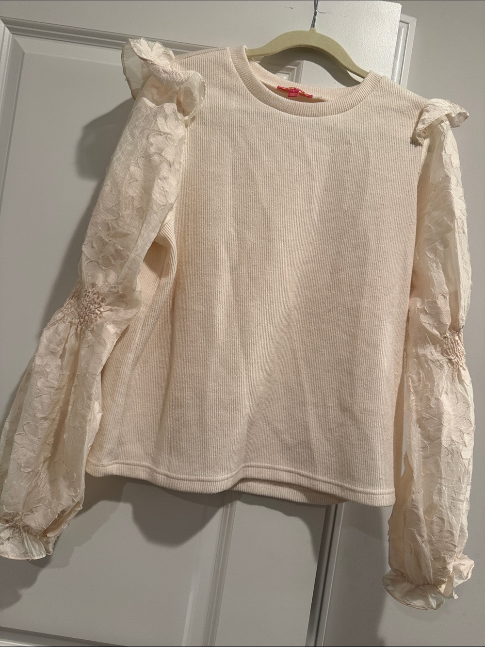 Girls' Cream Knit Top with Sheer Puff Sleeves